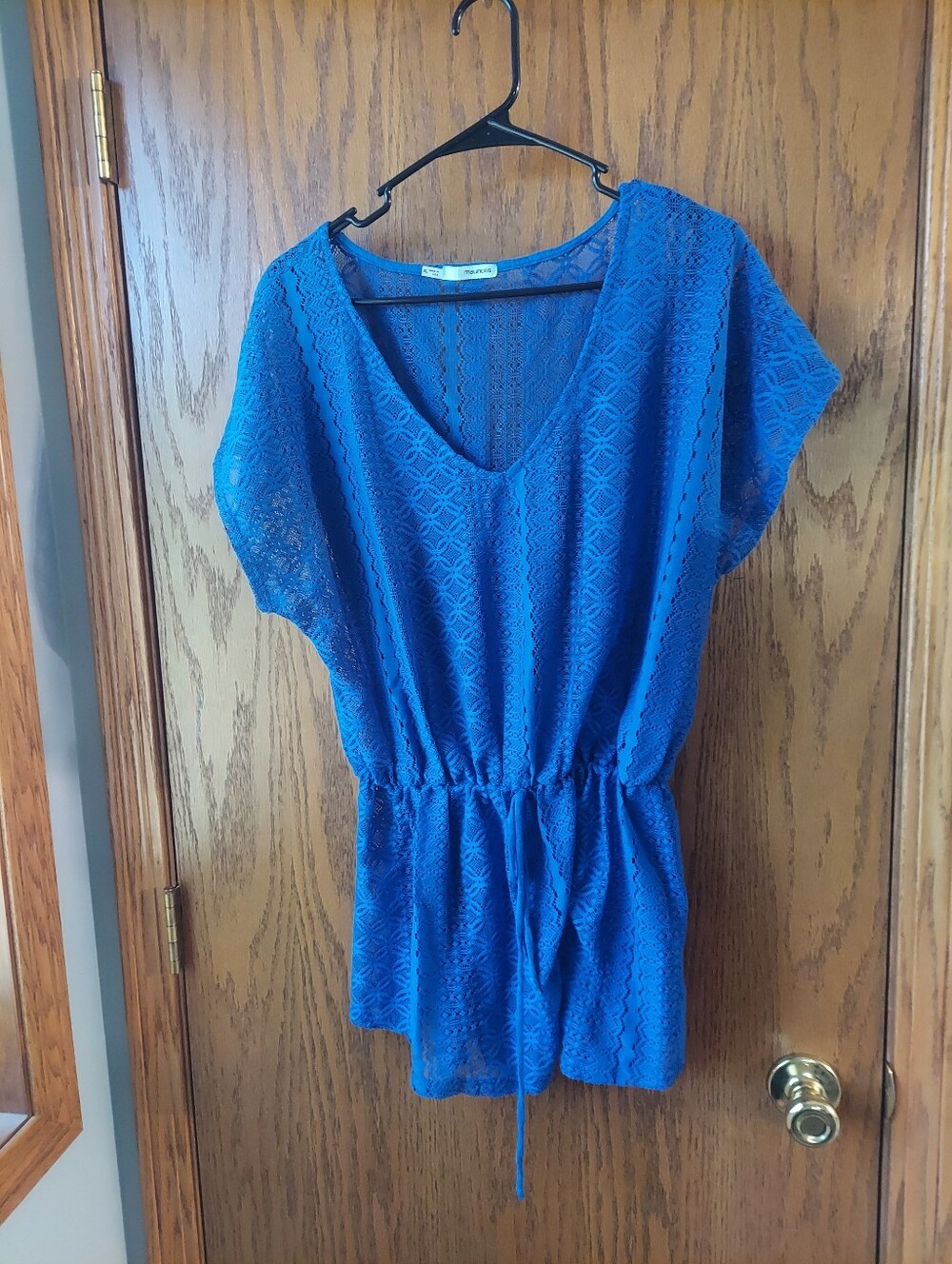 Maurices Royal Blue Sheer Knit Lace V-Neck Drawstring Tunic Top Coverup XL